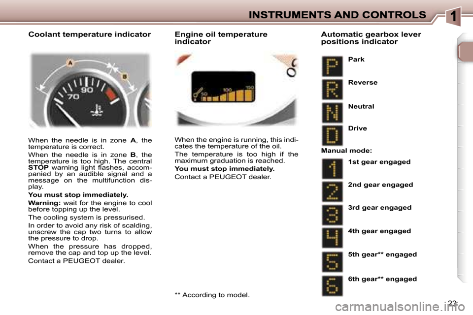 Peugeot 307 SW Dag 2007 User Guide �2�3
�W�h�e�n�  �t�h�e�  �n�e�e�d�l�e�  �i�s�  �i�n�  �z�o�n�e�A�,�  �t�h�e� �t�e�m�p�e�r�a�t�u�r�e� �i�s� �c�o�r�r�e�c�t�.
�W�h�e�n�  �t�h�e�  �n�e�e�d�l�e�  �i�s�  �i�n�  �z�o�n�e� �B�,�t�h�e� �t�e�