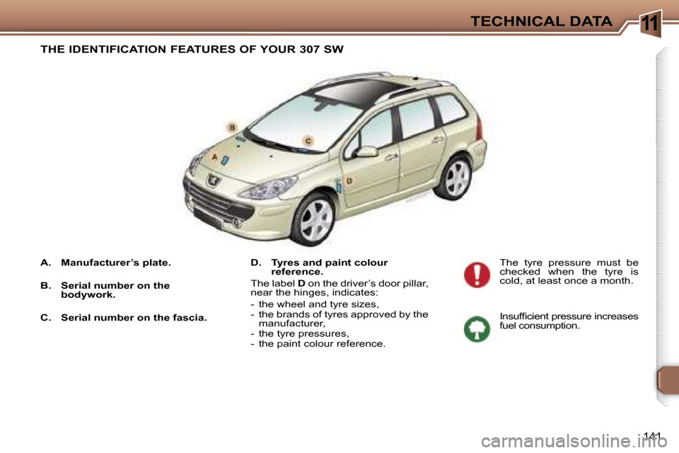 Peugeot 307 SW Dag 2006  Owners Manual �1�1�T�E�C�H�N�I�C�A�L� �D�A�T�A
�1�4�1
�A�.�  �M�a�n�u�f�a�c�t�u�r�e�r�’�s� �p�l�a�t�e�. 
�B�.�  �S�e�r�i�a�l� �n�u�m�b�e�r� �o�n� �t�h�e� �b�o�d�y�w�o�r�k�.
�C�.�  �S�e�r�i�a�l� �n�u�m�b�e�r� �o�n