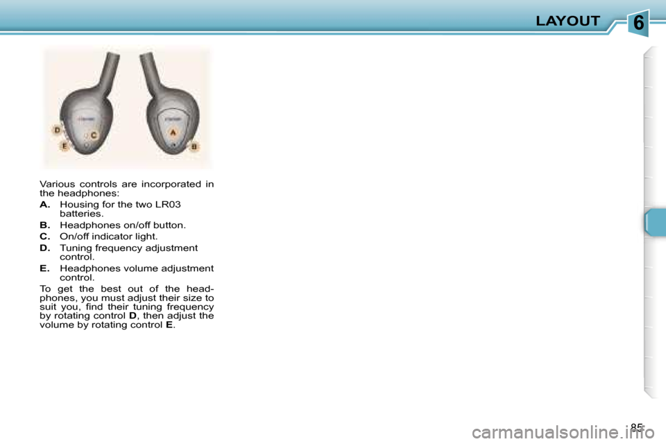 Peugeot 307 SW Dag 2006 Owners Manual �6�L�A�Y�O�U�T
�8�5
�V�a�r�i�o�u�s�  �c�o�n�t�r�o�l�s�  �a�r�e�  �i�n�c�o�r�p�o�r�a�t�e�d�  �i�n�  
�t�h�e� �h�e�a�d�p�h�o�n�e�s�: 
�A�.�  �H�o�u�s�i�n�g� �f�o�r� �t�h�e� �t�w�o� �L�R�0�3� 
�b�a�t�t�e