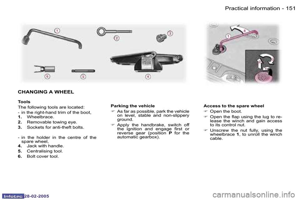 Peugeot 307 SW Dag 2005  Owners Manual �1�5�1�P�r�a�c�t�i�c�a�l� �i�n�f�o�r�m�a�t�i�o�n�-
�2�8�-�0�2�-�2�0�0�5
�P�a�r�k�i�n�g� �t�h�e� �v�e�h�i�c�l�e 
�F�  �A�s� �f�a�r� �a�s� �p�o�s�s�i�b�l�e�,� �p�a�r�k� �t�h�e� �v�e�h�i�c�l�e� 
�o�n�  �