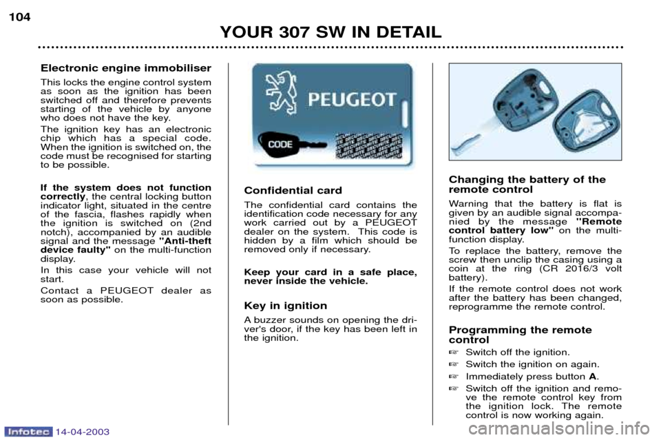 Peugeot 307 SW Dag 2003  Owners Manual Confidential card The confidential card contains the identification code necessary for anywork carried out by a PEUGEOT
dealer on the system.  This code ishidden by a film which should be
removed only