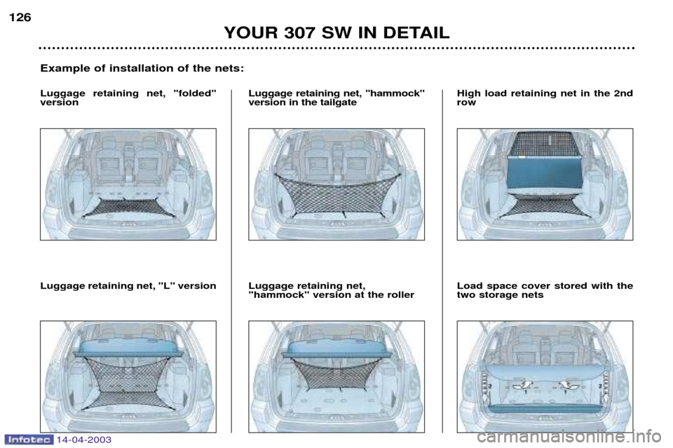 Peugeot 307 SW Dag 2003 Owners Manual 14-04-2003
YOUR 307 SW IN DETAIL
126
Example of installation of the nets:
Luggage retaining net, "folded" version Luggage retaining net, "hammock"version in the tailgate Luggage retaining net, "hammoc Peugeot 307 SW Dag 2003 Owners Manual 14-04-2003
YOUR 307 SW IN DETAIL
126
Example of installation of the nets:
Luggage retaining net, "folded" version Luggage retaining net, "hammock"version in the tailgate Luggage retaining net, "hammoc