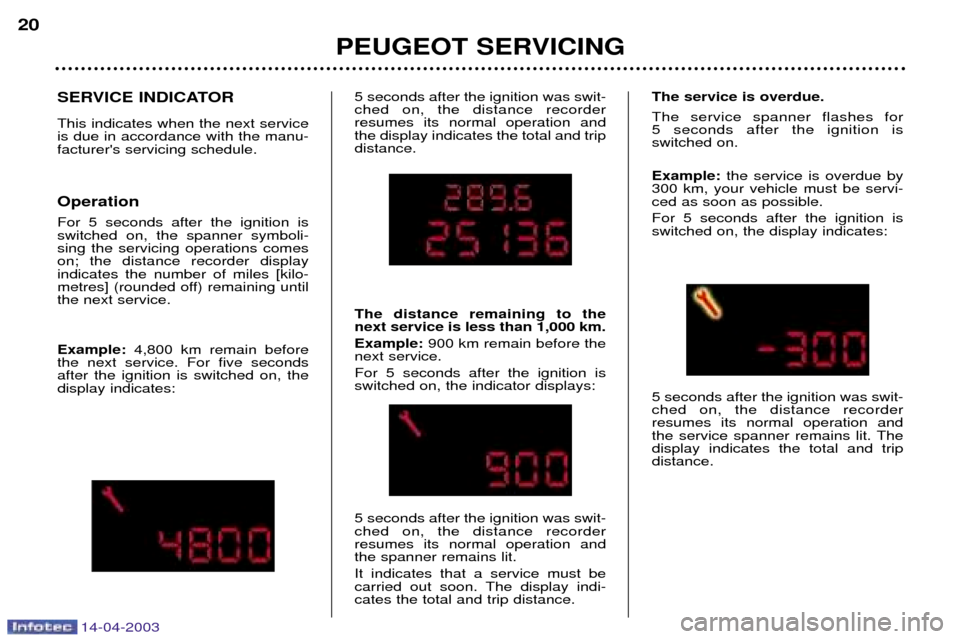 Peugeot 307 SW Dag 2003 User Guide 14-04-2003
PEUGEOT SERVICING
20
SERVICE INDICATOR This indicates when the next service is due in accordance with the manu-facturers servicing schedule. Operation For 5 seconds after the ignition is s