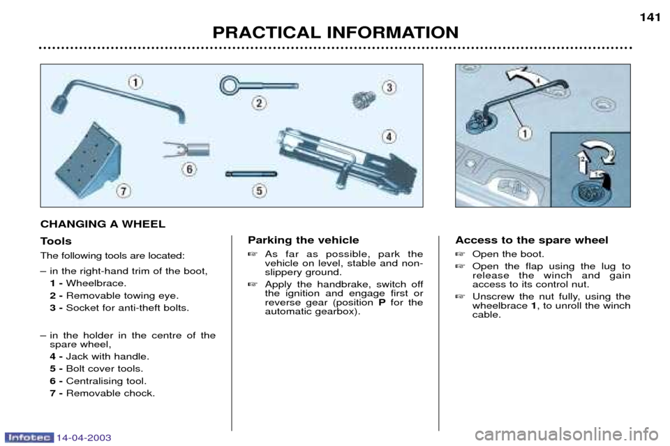 Peugeot 307 SW Dag 2003  Owners Manual 14-04-2003
CHANGING A WHEEL 
Tools  The following tools are located: 
Ð in the right-hand trim of the boot,1 - Wheelbrace.
2 -  Removable towing eye.
3 -  Socket for anti-theft bolts.
Ð in the holde