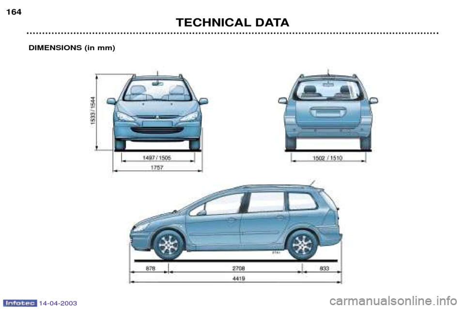 Peugeot 307 SW Dag 2003 Owners Manual 14-04-2003
TECHNICAL DATA
164
DIMENSIONS (in mm) Peugeot 307 SW Dag 2003 Owners Manual 14-04-2003
TECHNICAL DATA
164
DIMENSIONS (in mm)