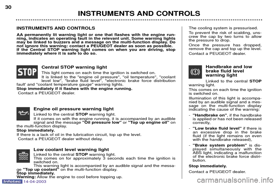 Peugeot 307 SW Dag 2003 Owners Guide 14-04-2003
Low coolant level warning light Linked to the central STOPwarning light.
This comes on for approximately 3 seconds each time the ignition is switched on.This warning light is accompanied by