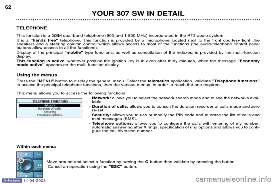 Peugeot 307 SW Dag 2003  Owners Manual 14-04-2003
YOUR 307 SW IN DETAIL
62
TELEPHONE 
This function is a GSM dual-band telephone (900 and 1 800 MHz) incorporated in the RT3 audio system. It is a  hands free  telephone. This function is