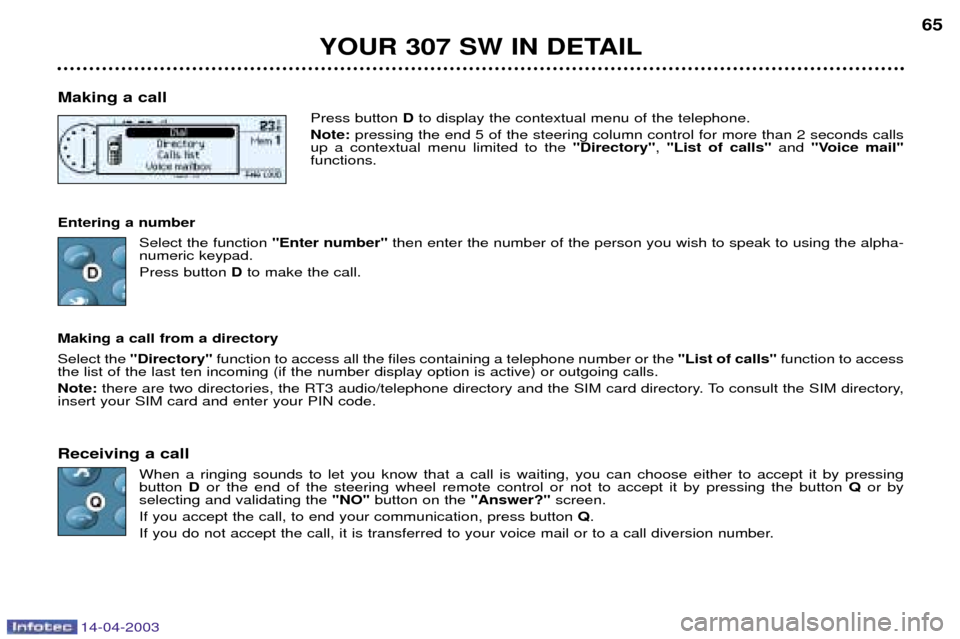 Peugeot 307 SW Dag 2003  Owners Manual 14-04-2003
YOUR 307 SW IN DETAIL65
Making a call Press button Dto display the contextual menu of the telephone.
Note:  pressing the end 5 of the steering column control for more than 2 seconds calls
u