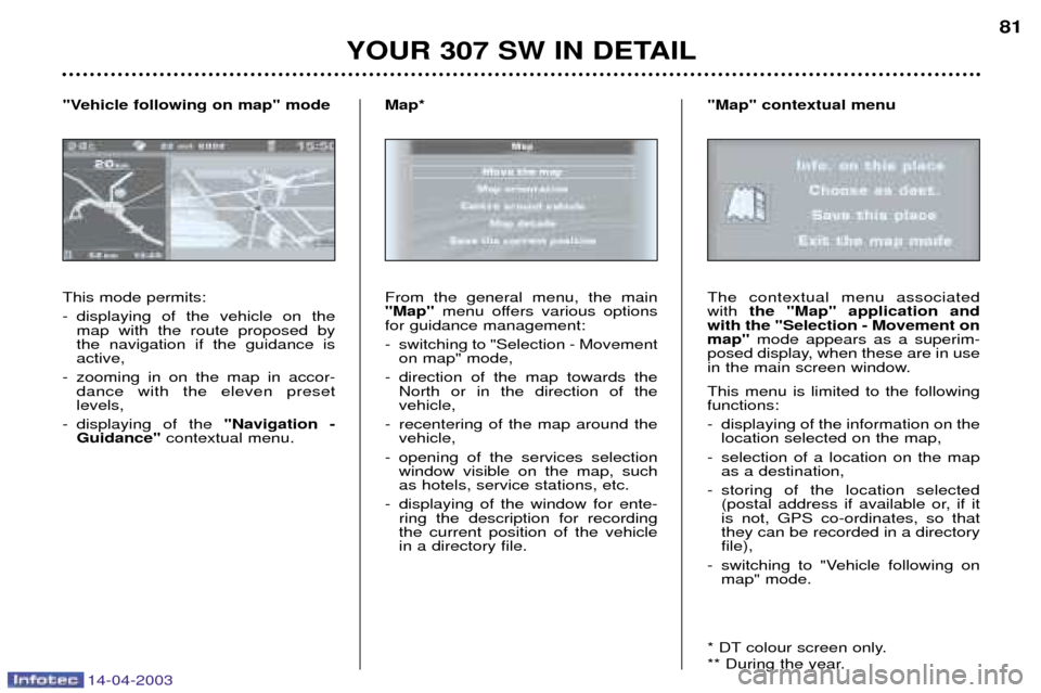 Peugeot 307 SW Dag 2003 Manual Online 14-04-2003
YOUR 307 SW IN DETAIL81
This mode permits: 
- displaying of the vehicle on the map with the route proposed by the navigation if the guidance isactive,
- zooming in on the map in accor- danc