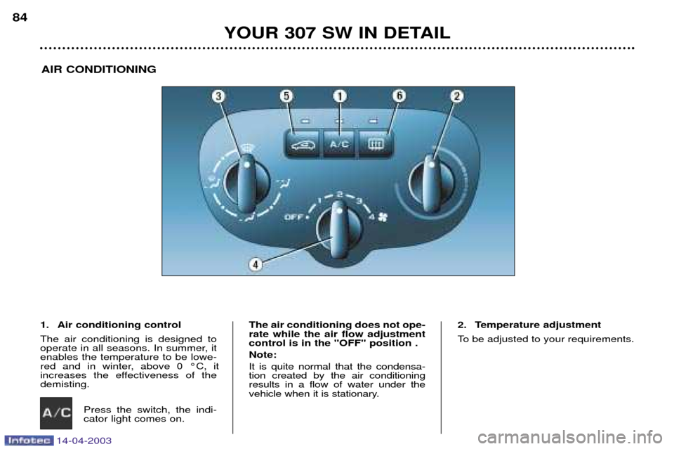 Peugeot 307 SW Dag 2003 Manual Online 14-04-2003
YOUR 307 SW IN DETAIL
84
AIR CONDITIONING
1. Air conditioning control The air conditioning is designed to 
operate in all seasons. In summer, itenables the temperature to be lowe-
red and i