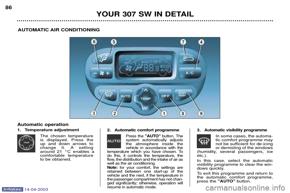 Peugeot 307 SW Dag 2003 Manual Online 14-04-2003
YOUR 307 SW IN DETAIL
86
AUTOMATIC AIR CONDITIONING
Automatic operation 
1. Temperature adjustment The chosen temperatureis displayed. Press the  up and down arrows to
change it. A settinga