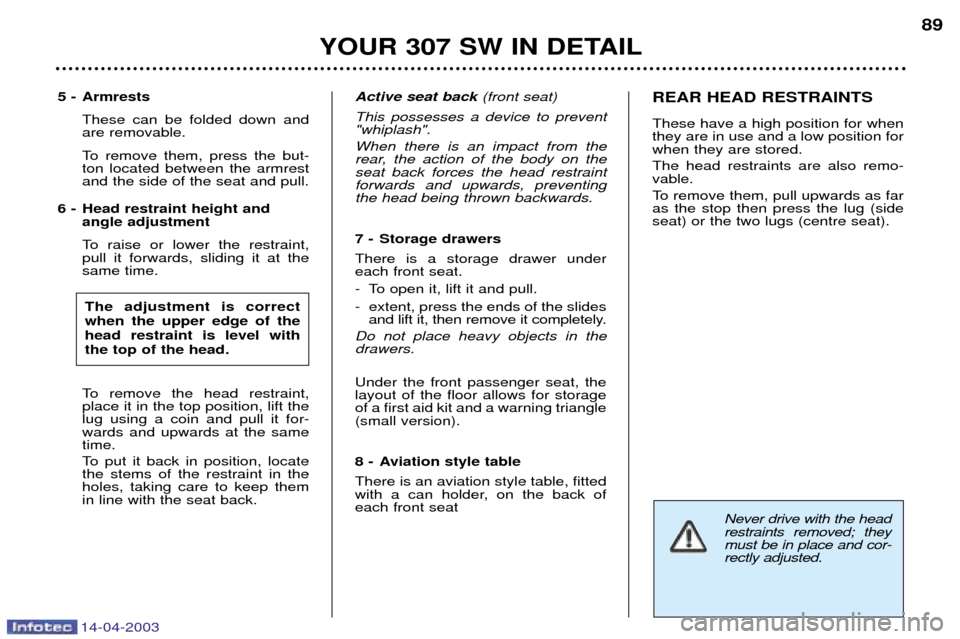 Peugeot 307 SW Dag 2003 Owners Manual 14-04-2003
Never drive with the head restraints removed; theymust be in place and cor-rectly adjusted.
5 - ArmrestsThese can be folded down and are removable.
To remove them, press the but- ton locat Peugeot 307 SW Dag 2003 Owners Manual 14-04-2003
Never drive with the head restraints removed; theymust be in place and cor-rectly adjusted.
5 - ArmrestsThese can be folded down and are removable.
To remove them, press the but- ton locat