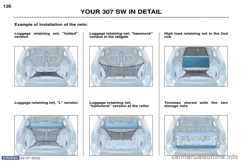 Peugeot 307 SW Dag 2002.5  Owners Manual 22-07-2002
YOUR 307 SW IN DETAIL
126
Example of installation of the nets:
Luggage retaining net, "folded" version Luggage retaining net, "hammock"version in the tailgate Luggage retaining net, "hammoc