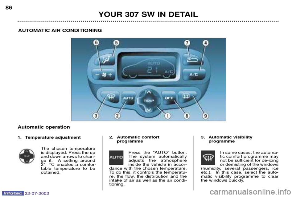 Peugeot 307 SW Dag 2002.5 Service Manual 22-07-2002
YOUR 307 SW IN DETAIL
86
AUTOMATIC AIR CONDITIONING
Automatic operation
1. Temperature adjustment The chosen temperature is displayed. Press the upand down arrows to chan-
ge it. A settin Peugeot 307 SW Dag 2002.5 Service Manual 22-07-2002
YOUR 307 SW IN DETAIL
86
AUTOMATIC AIR CONDITIONING
Automatic operation
1. Temperature adjustment The chosen temperature is displayed. Press the upand down arrows to chan-
ge it. A settin