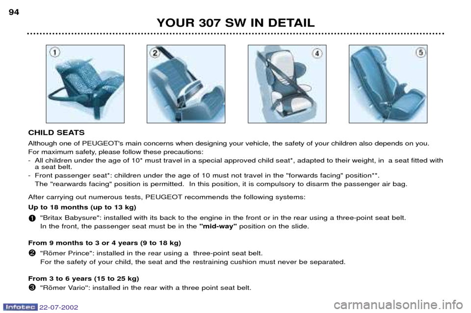 Peugeot 307 SW Dag 2002.5 Owners Guide 22-07-2002
CHILD SEATS Although one of PEUGEOTs main concerns when designing your vehicle, the safety of your children also depends on you.
For maximum safety, please follow these precautions:
- All Peugeot 307 SW Dag 2002.5 Owners Guide 22-07-2002
CHILD SEATS Although one of PEUGEOTs main concerns when designing your vehicle, the safety of your children also depends on you.
For maximum safety, please follow these precautions:
- All