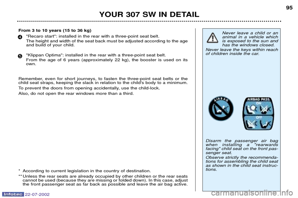 Peugeot 307 SW Dag 2002.5 Owners Manual 22-07-2002
YOUR 307 SW IN DETAIL95
Never leave a child or an animal in a vehicle whichis exposed to the sun andhas the windows closed.
Never leave the keys within reach
of children inside the car. Dis Peugeot 307 SW Dag 2002.5 Owners Manual 22-07-2002
YOUR 307 SW IN DETAIL95
Never leave a child or an animal in a vehicle whichis exposed to the sun andhas the windows closed.
Never leave the keys within reach
of children inside the car. Dis