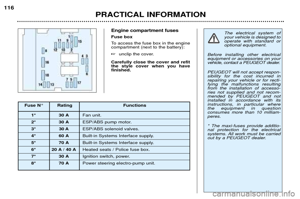 Peugeot 307 SW Dag 2002  Owners Manual Engine compartment fuses Fuse box
To access the fuse box in the engine compartment (next to the battery): �unclip the cover.
Carefully close the cover and refit the style cover when you havefinished.
