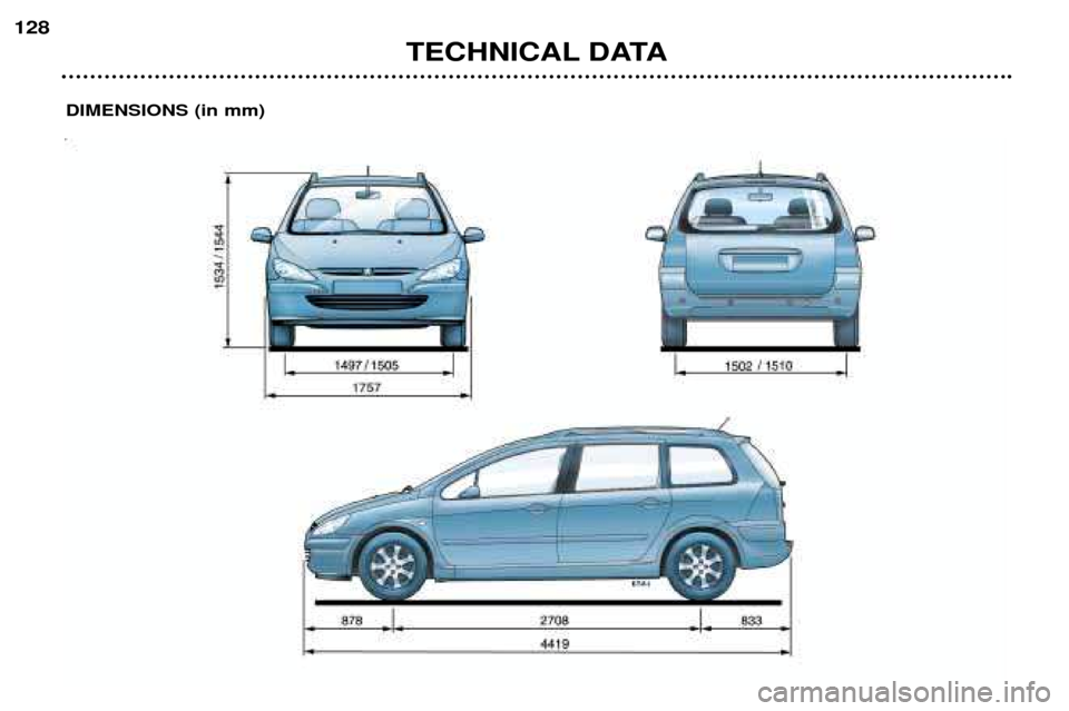 Peugeot 307 SW Dag 2002  Owners Manual TECHNICAL DATA
128
DIMENSIONS (in mm)   