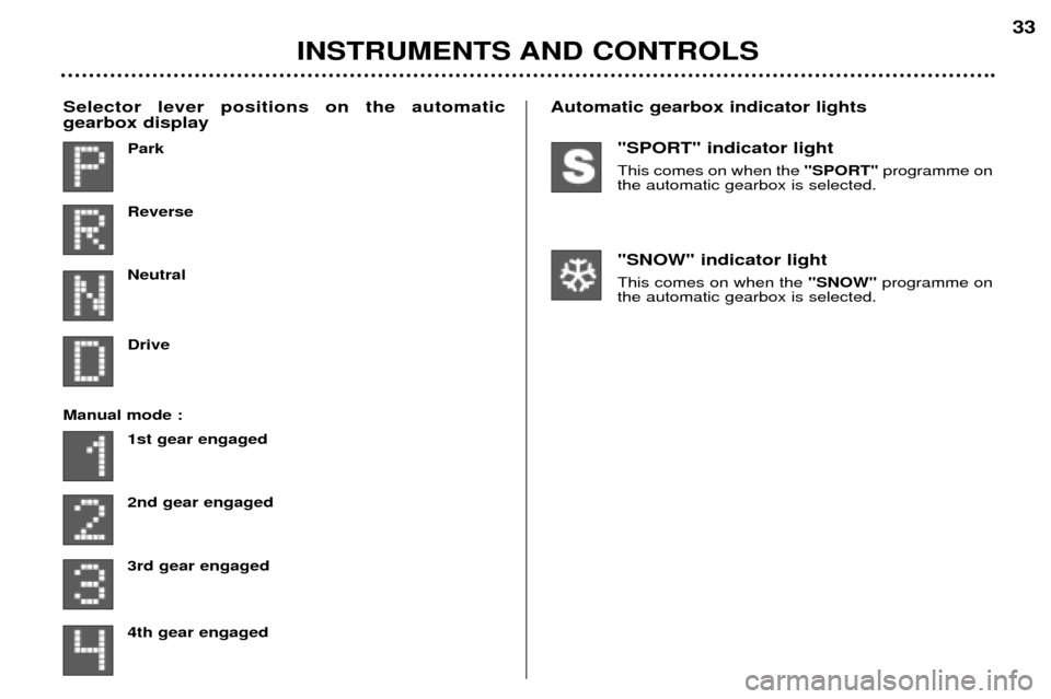 Peugeot 307 SW Dag 2002  Owners Manual "SPORT" indicator light This comes on when the "SPORT"programme on
the automatic gearbox is selected.
"SNOW" indicator lightThis comes on when the  "SNOW"programme on
the automatic gearbox is selected