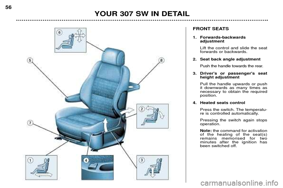 Peugeot 307 SW Dag 2002  Owners Manual FRONT SEATS 
1. Forwards-backwards adjustment Lift the control and slide the seat forwards or backwards.
2. Seat back angle adjustment Push the handle towards the rear.
3. Drivers or passengers seat