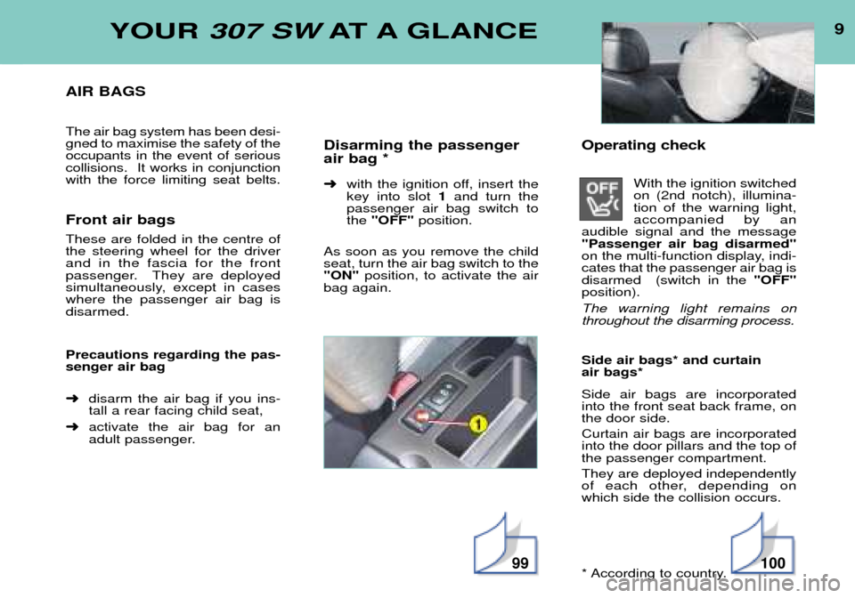 Peugeot 307 SW Dag 2002 Owners Manual 9YOUR 307 SW AT A GLANCE
AIR BAGS The air bag system has been desi- gned to maximise the safety of theoccupants in the event of seriouscollisions. It works in conjunctionwith the force limiting seat Peugeot 307 SW Dag 2002 Owners Manual 9YOUR 307 SW AT A GLANCE
AIR BAGS The air bag system has been desi- gned to maximise the safety of theoccupants in the event of seriouscollisions. It works in conjunctionwith the force limiting seat