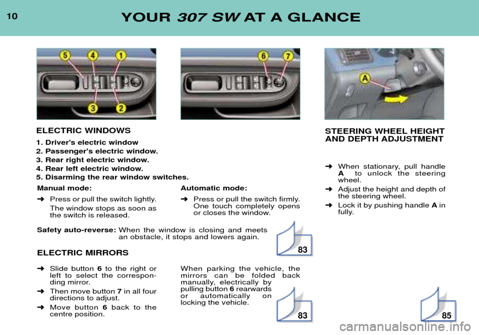 Peugeot 307 SW Dag 2002  Owners Manual Safety auto-reverse: When the window is closing and meets an obstacle, it stops and lowers again.
ELECTRIC MIRRORS 
10
YOUR 
307 SW AT A GLANCE
ELECTRIC WINDOWS 1. Drivers electric window 
2. Passeng