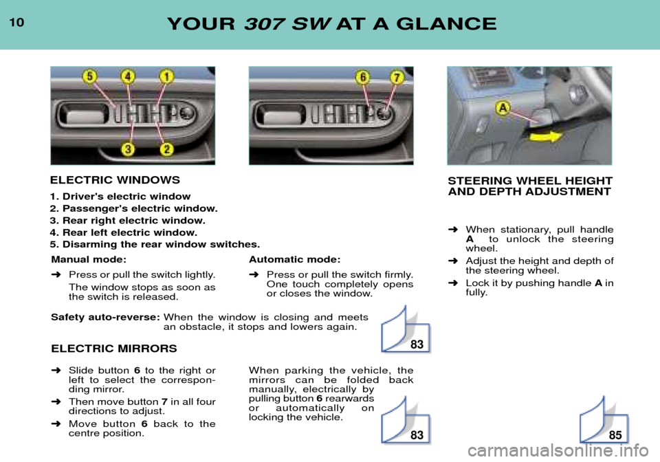 Peugeot 307 SW Dag 2002  Owners Manual Safety auto-reverse: When the window is closing and meets an obstacle, it stops and lowers again.
ELECTRIC MIRRORS 
10
YOUR 
307 SW AT A GLANCE
ELECTRIC WINDOWS 1. Drivers electric window 
2. Passeng