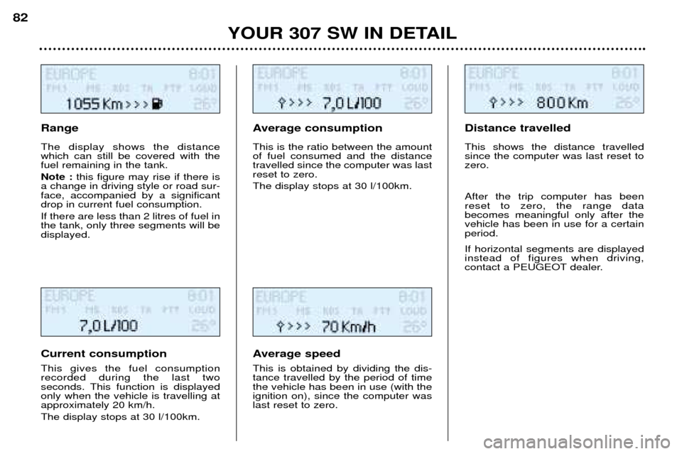 Peugeot 307 SW Dag 2002  Owners Manual Range The display shows the distance which can still be covered with thefuel remaining in the tank. Note :this figure may rise if there is
a change in driving style or road sur- face, accompanied by a