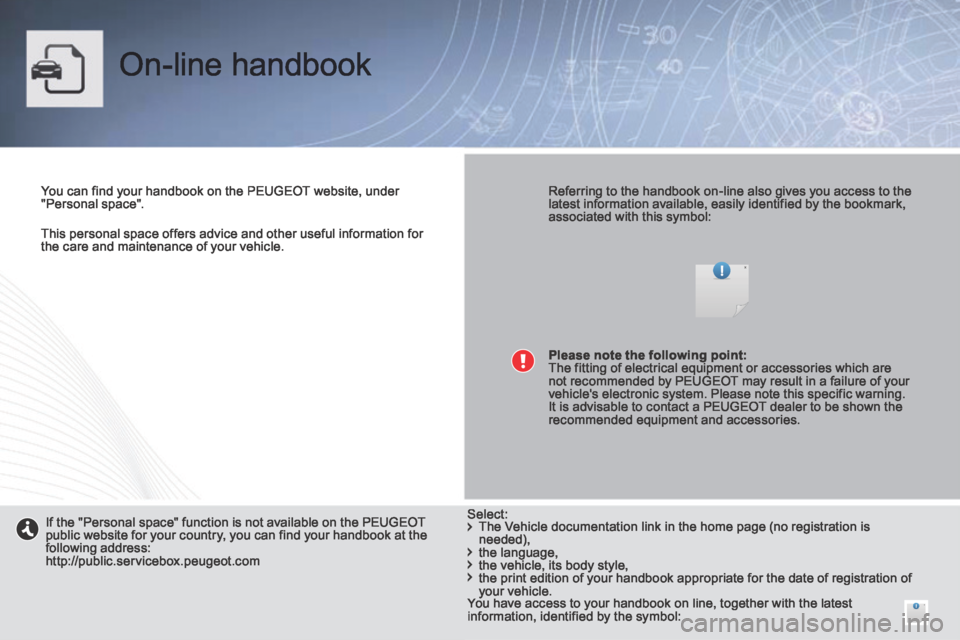 Peugeot 308 CC 2014 Owners Manual This personal space offers advice and other useful information for the care and maintenance of your vehicle.
On-line handbook
You can find your handbook on the PEUGEOT website, under "Pers Peugeot 308 CC 2014 Owners Manual This personal space offers advice and other useful information for the care and maintenance of your vehicle.
On-line handbook
You can find your handbook on the PEUGEOT website, under "Pers