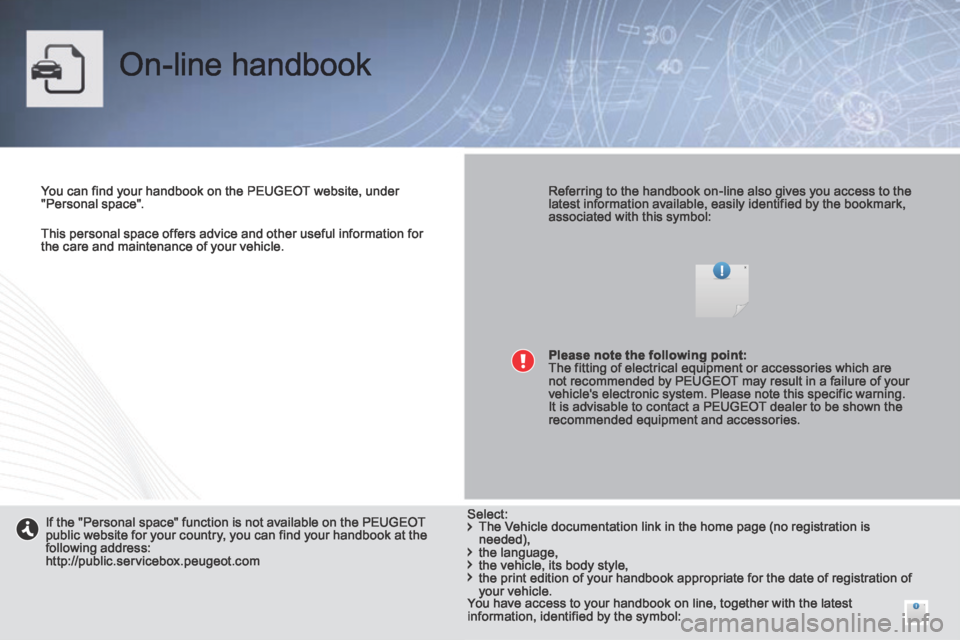 Peugeot 308 CC 2014  Owners Manual    This personal space offers advice and other useful information for the care and maintenance of your vehicle.   
 On-line  handbook  
  You can find your handbook on the PEUGEOT website, under "Pers