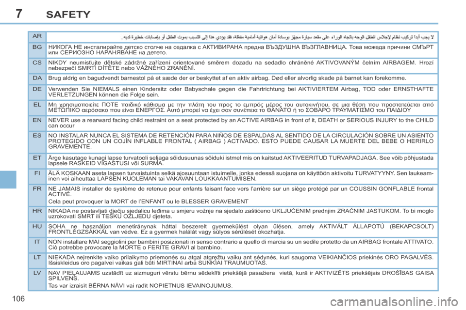 Peugeot 308 CC 2014 User Guide 7
AR
BG
НИКОГА НЕ инсталирайте детско столче на седалка с АКТИВИРАНА предна ВЪЗДУШНА ВЪЗГЛАВНИЦА. Това можеда п�