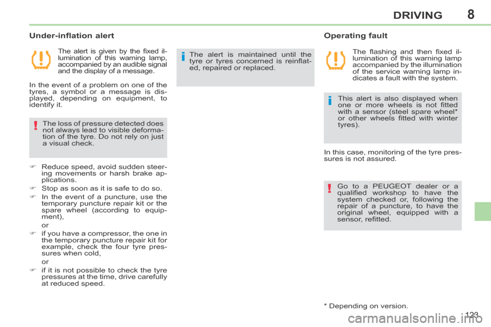 Peugeot 308 CC 2014  Owners Manual 8
i
!
i
!
123
DRIVING
  The  alert  is  given  by  the  ﬁ xed  il-
lumination of this warning lamp, 
accompanied by an audible signal 
and the display of a message.  
  Operating  fault 
  Under-inf