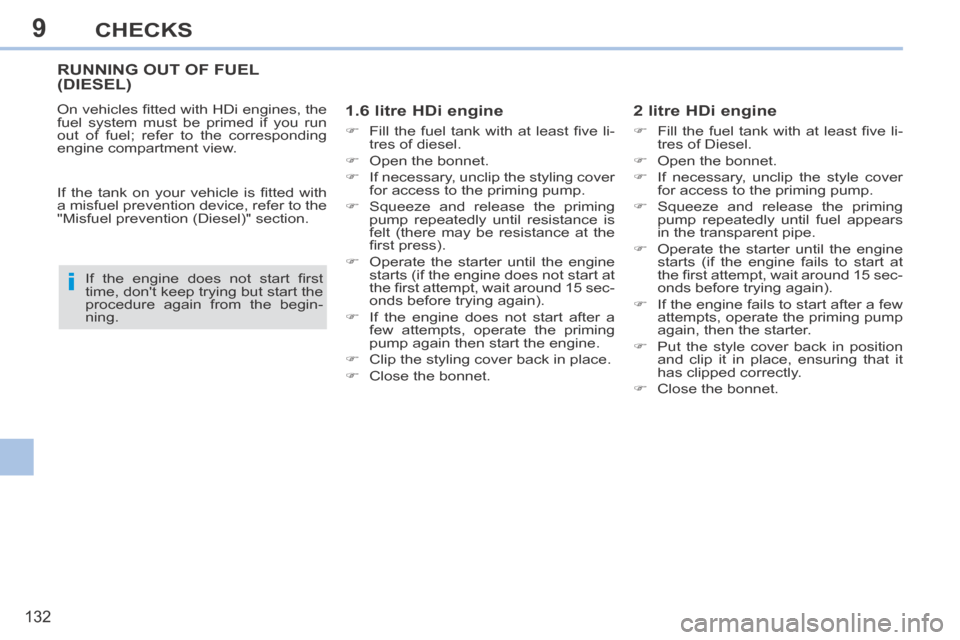 Peugeot 308 CC 2014 Service Manual 9
i
132
CHECKS
RUNNING OUT OF FUEL (DIESEL)  
  1.6 litre HDi engine 
      Fill  the  fuel  tank  with  at  least  ﬁ ve  li-tres of diesel. 
     Open the bonnet. 
     If necessary, uncli
