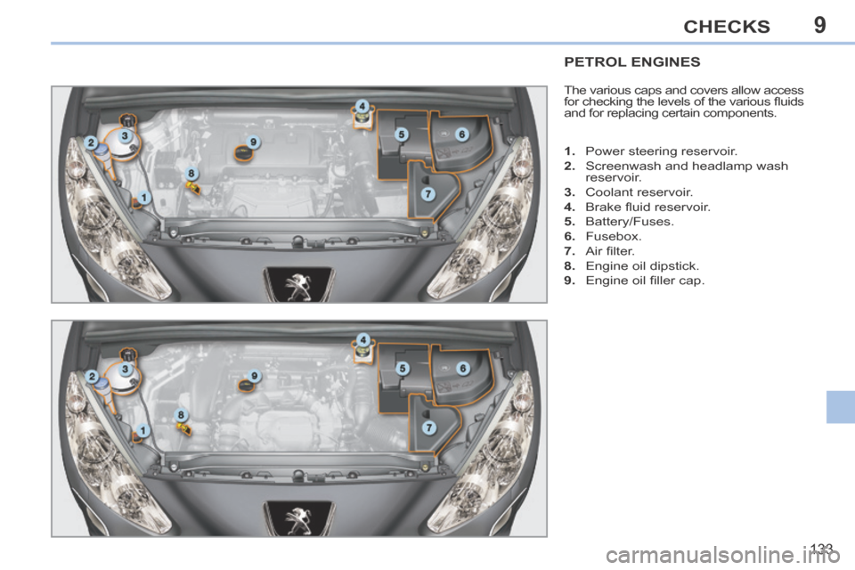 Peugeot 308 CC 2014 Service Manual 9
133
CHECKS
PETROL ENGINES 
 The various caps and covers allow access 
for checking the levels of the various ﬂ uids 
and for replacing certain components. 
   1.   Power steering reservoir. 
  2. 