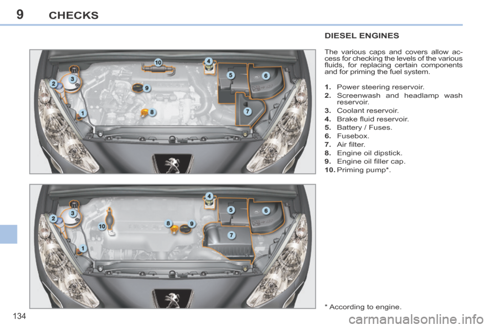 Peugeot 308 CC 2014 Service Manual 9
134
CHECKS
DIESEL ENGINES 
 The various caps and covers allow ac-
cess for checking the levels of the various 
ﬂ uids,  for  replacing  certain  components 
and for priming the fuel system. 
   1.