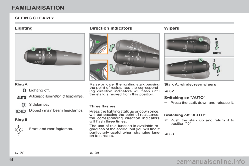 Peugeot 308 CC 2014 User Guide 76 93 83 82
14
FAMILIARISATION
SEEING CLEARLY
Lighting
Ring A
Ring B Raise or lower the lighting stalk passing
the point of resistance; the correspond-
ing direction ind Peugeot 308 CC 2014 User Guide 76 93 83 82
14
FAMILIARISATION
SEEING CLEARLY
Lighting
Ring A
Ring B Raise or lower the lighting stalk passing
the point of resistance; the correspond-
ing direction ind