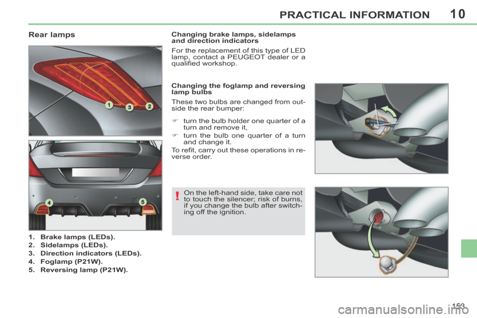 Peugeot 308 CC 2014  Owners Manual 10
!
153
PRACTICAL INFORMATION
                                  Rear lamps 
   1.    Brake lamps (LEDs).  
  2.    Sidelamps (LEDs).  
  3.    Direction indicators (LEDs).  
  4.    Foglamp (P21W).  