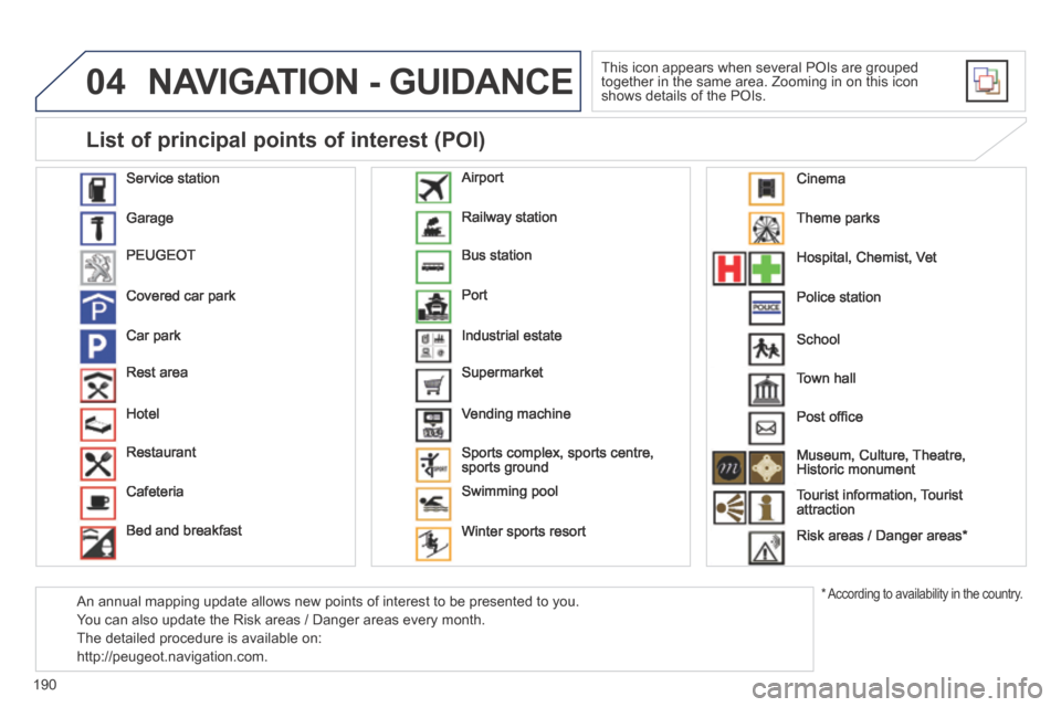 Peugeot 308 CC 2014  Owners Manual 04
190
 NAVIGATION - GUIDANCE 
 This icon appears when several POIs are grouped together in the same area. Zooming in on this icon shows details of the POIs. 
  Service  station 
 Garage 
 PEUGEOT 
 C