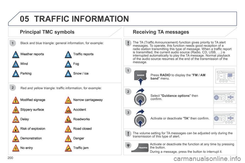 Peugeot 308 CC 2014  Owners Manual 05
200
      Principal  TMC  symbols 
  Red and yellow triangle: trafﬁ c information, for example: 
  Black and blue triangle: general information, for example: 
 Weather  reports 
 Modiﬁ ed signa