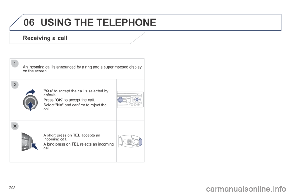 Peugeot 308 CC 2014 Owners Manual 06
208
USING THE TELEPHONE
Receiving a call
An incoming call is announced by a ring and a superimposed display on the screen.
" Ye s " Ye s " " to accept the call is selected by defaul Peugeot 308 CC 2014 Owners Manual 06
208
USING THE TELEPHONE
Receiving a call
An incoming call is announced by a ring and a superimposed display on the screen.
" Ye s " Ye s " " to accept the call is selected by defaul