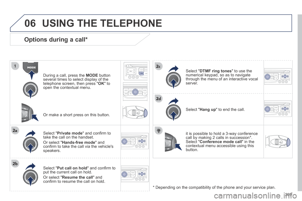 Peugeot 308 CC 2014 Owners Manual 06
209
Options during a call *
During a call, press the MODE button several times to select display of the telephone screen, then press " OK " to open the contextual menu.
Select " P Peugeot 308 CC 2014 Owners Manual 06
209
Options during a call *
During a call, press the MODE button several times to select display of the telephone screen, then press " OK " to open the contextual menu.
Select " P