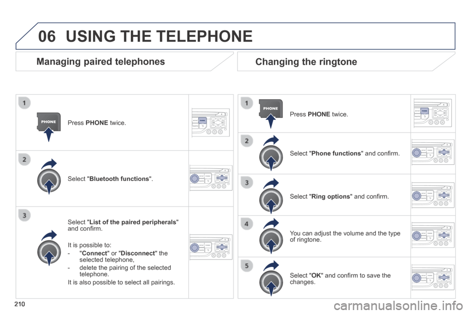 Peugeot 308 CC 2014  Owners Manual 06
210
  Press   PHONE   twice.  
  Select  " List of the paired peripherals " and conﬁ rm.  
  It is possible to: 
   -   " Connect " or " Disconnect "  the selected telephone, 
  -   delete the pa