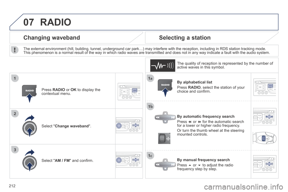 Peugeot 308 CC 2014  Owners Manual 07
212
  By  alphabetical  list 
 Press   RADIO , select the station of your choice and conﬁ rm.  
  By automatic frequency search 
 Press     or    for the automatic search for a lower or hig