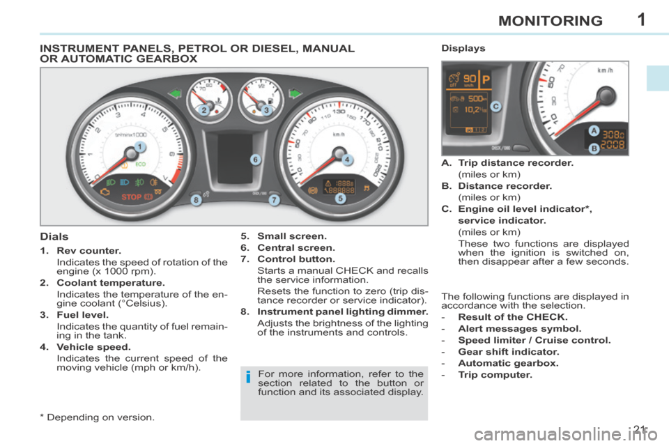 Peugeot 308 CC 2014 Owners Manual 1
i
21
MONITORING
INSTRUMENT PANELS, PETROL OR DIESEL, MANUAL OR AUTOMATIC GEARBOX
5. Small screen.
6. Central screen.
7. Control button.
Starts a manual CHECK and recalls t Peugeot 308 CC 2014 Owners Manual 1
i
21
MONITORING
INSTRUMENT PANELS, PETROL OR DIESEL, MANUAL OR AUTOMATIC GEARBOX
5. Small screen.
6. Central screen.
7. Control button.
Starts a manual CHECK and recalls t
