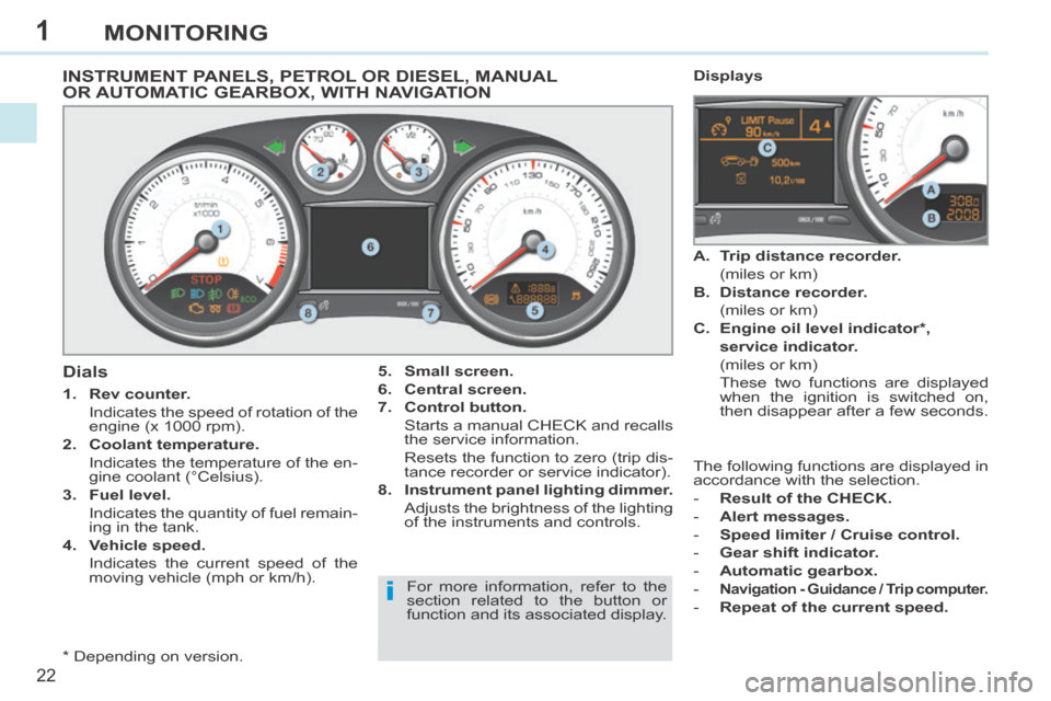 Peugeot 308 CC 2014  Owners Manual 1
i
22
MONITORING
INSTRUMENT PANELS, PETROL OR DIESEL, MANUAL OR AUTOMATIC GEARBOX, WITH NAVIGATION 
  *    Depending  on  version.  
  Dials 
   1.    Rev counter.     
  Indicates the speed of rotat