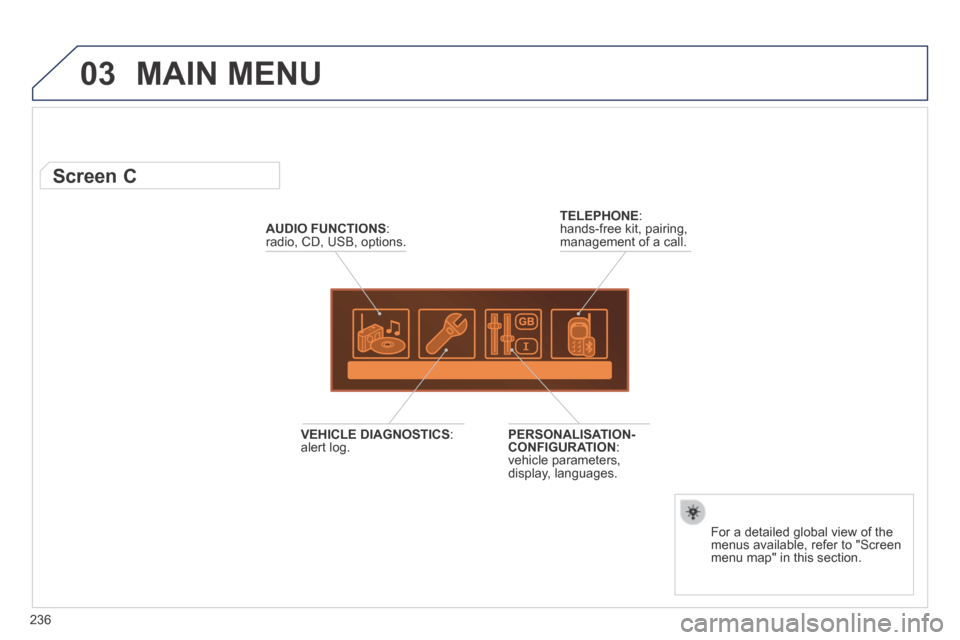 Peugeot 308 CC 2014  Owners Manual 03
236
 MAIN  MENU 
AUDIO FUNCTIONS : radio, CD, USB, options.  
          Screen C 
  For a detailed global view of the menus available, refer to "Screen menu map" in this section.   
TELEPHONE : han