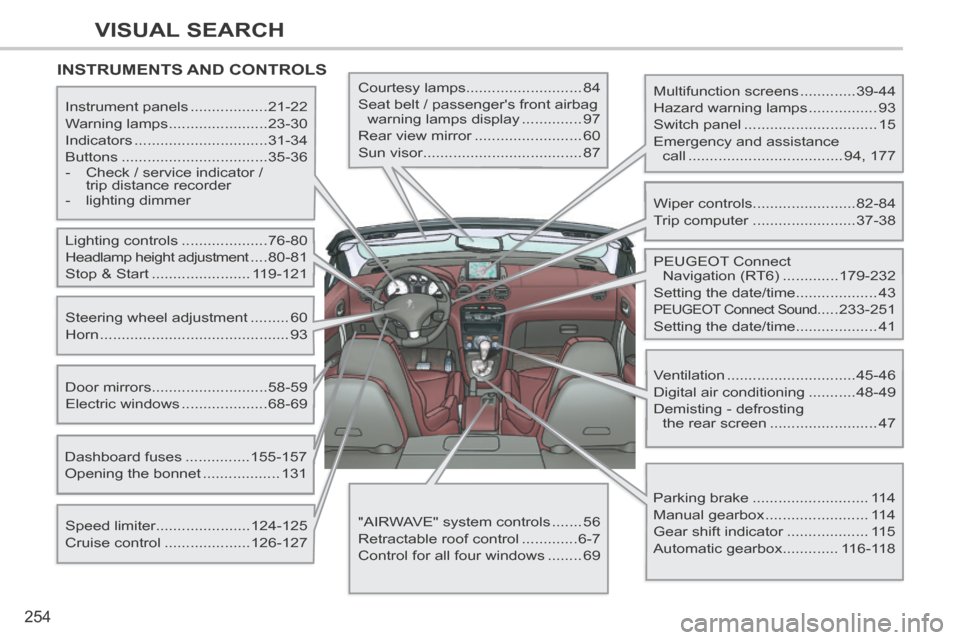 Peugeot 308 CC 2014 User Guide 254
VISUAL SEARCH
 INSTRUMENTS  AND  CONTROLS  
  Multifunction  screens .............39-44 
 Hazard warning lamps ................ 93 
 Switch  panel ............................... 15 
 Emergency an