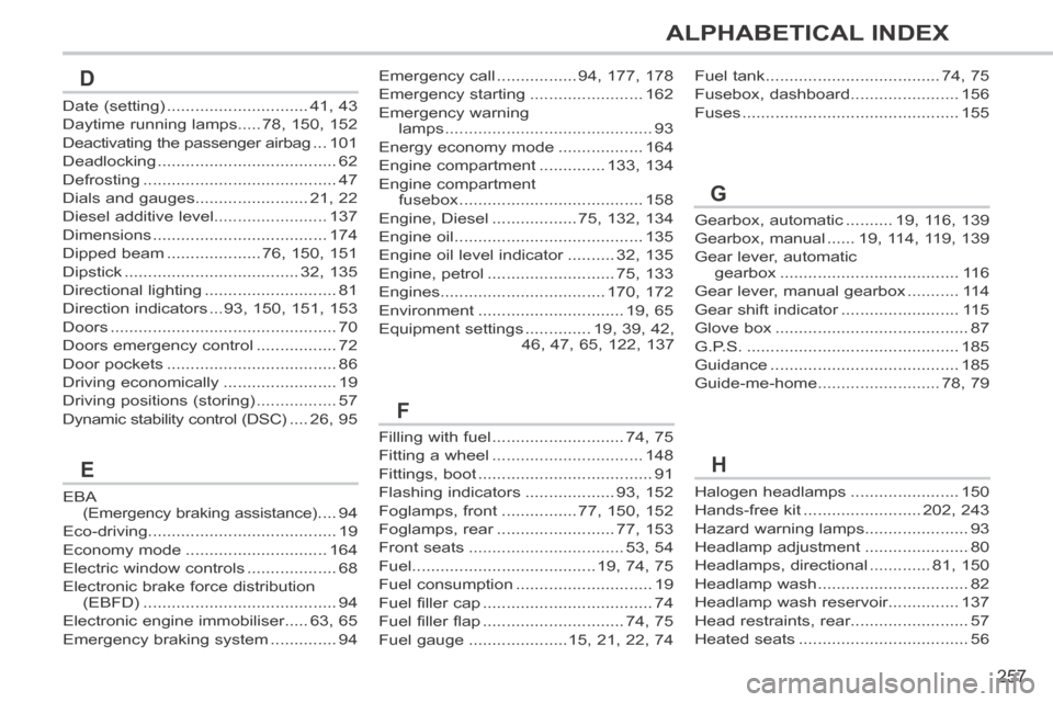 Peugeot 308 CC 2014 User Guide 257
ALPHABETICAL INDEX
Emergency call .................94, 177, 178
Emergency starting ........................162
Emergency warning lamps ............................................93
Energy economy