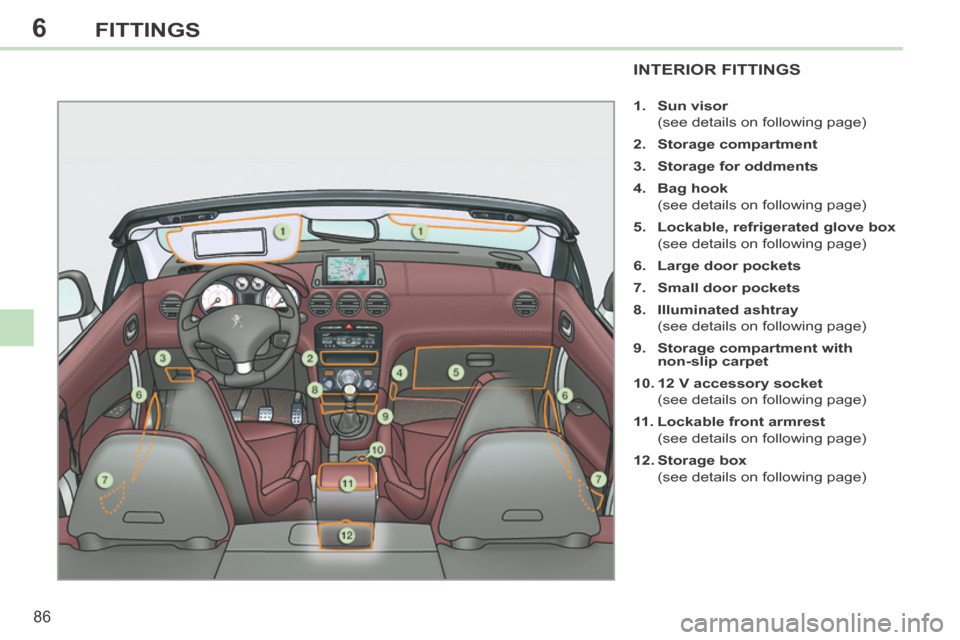 Peugeot 308 CC 2014 Manual Online 6
86
FITTINGS
INTERIOR FITTINGS
1. Sun visor
(see details on following page)
2. Storage compartment
3. Storage for oddments
4. Bag hook
(see details on following Peugeot 308 CC 2014 Manual Online 6
86
FITTINGS
INTERIOR FITTINGS
1. Sun visor
(see details on following page)
2. Storage compartment
3. Storage for oddments
4. Bag hook
(see details on following
