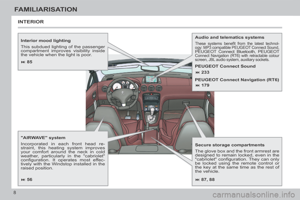 Peugeot 308 CC 2014  Owners Manual  87, 88
 85
 56
 233
 179
8
FAMILIARISATION
  Interior  mood  lighting 
 This subdued lighting of the passenger 
compartment improves visibility inside 
the vehicle when the light is po